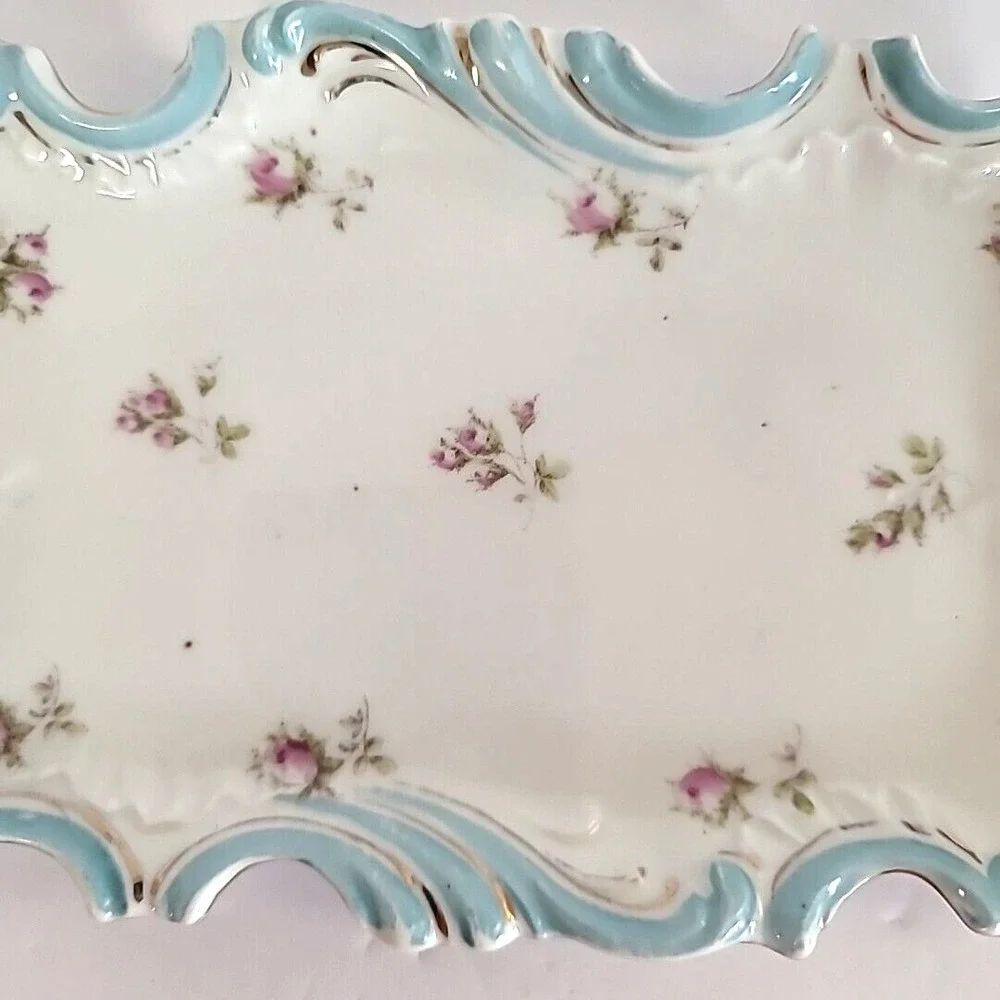 Vintage German Porcelain Tray Design of Small Purple Flowers w/ Blue & Gold Trim